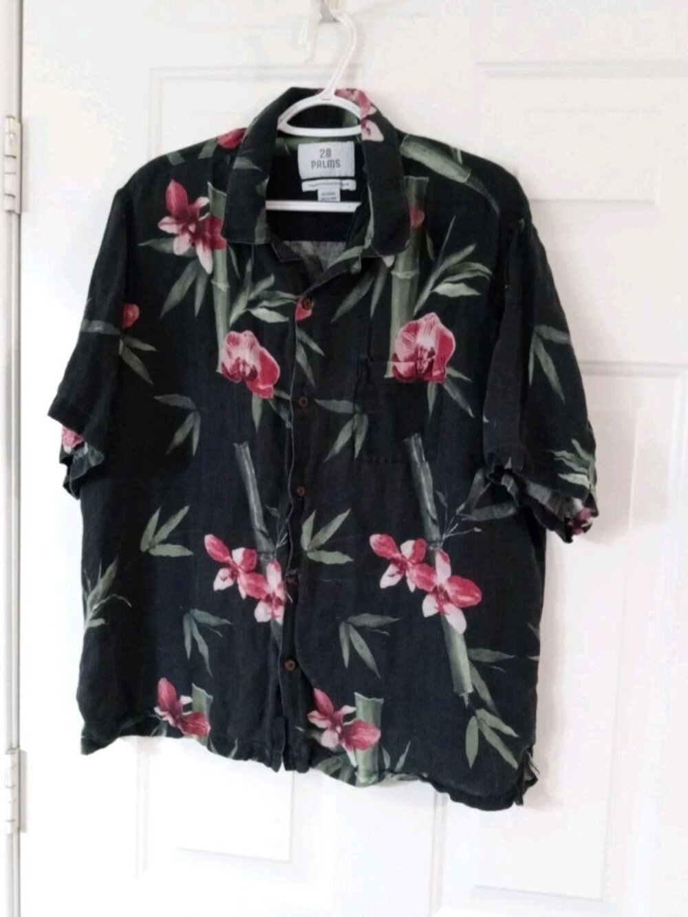 28 Palms Men's XL Relaxed-Fit Silk/Linen Tropical Floral Hawaiian Shirt Pocket